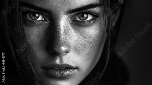 Black and white portrait of a young woman with striking features and freckles.