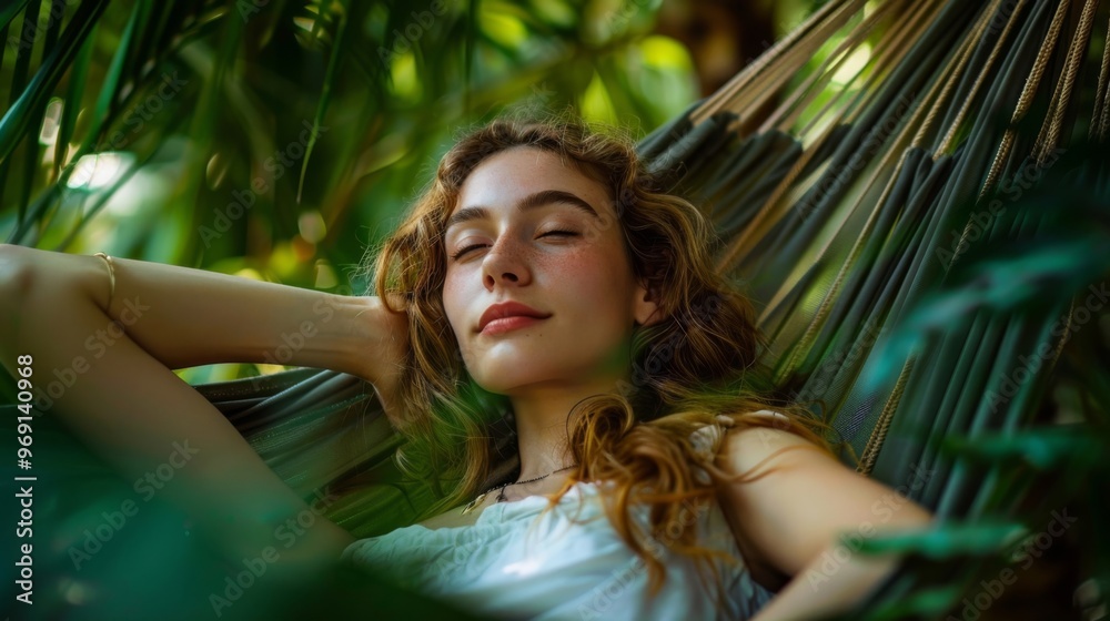 Relaxing in a hammock among lush greenery, a young woman enjoys nature with a peaceful expression on her face. Relaxing in a hammock among lush greenery, a young woman enjoys nature with a peaceful expression on her face.