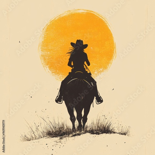Silhouette of a Cowgirl Riding a Horse into the Sunset