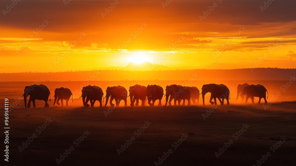 Obraz premium Silhouetted elephants walking against a stunning sunset backdrop.