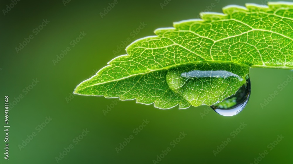 Fototapeta premium A close-up of a green leaf with a water droplet, highlighting nature's beauty.