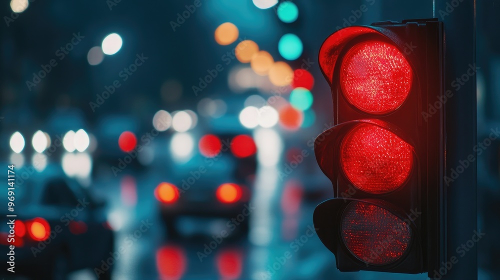 A close-up of a traffic light showing the red signal, with a blurred ...