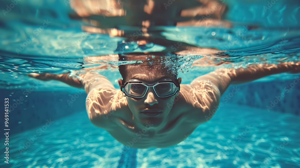 Naklejka premium Male swimmer in the pool, underwater photo.