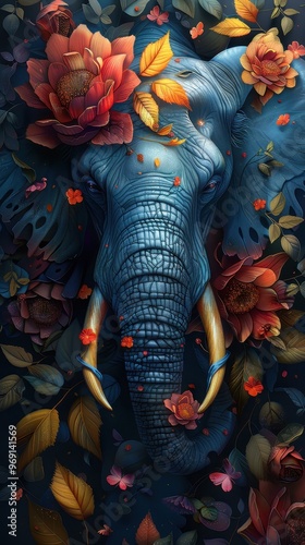 elephant in the autumn, wildlife, forest background, art, illustration, wallpaper