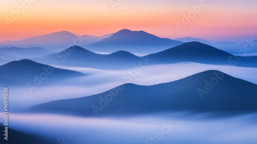 Serene mountain landscape with soft fog and pastel hues at sunrise.