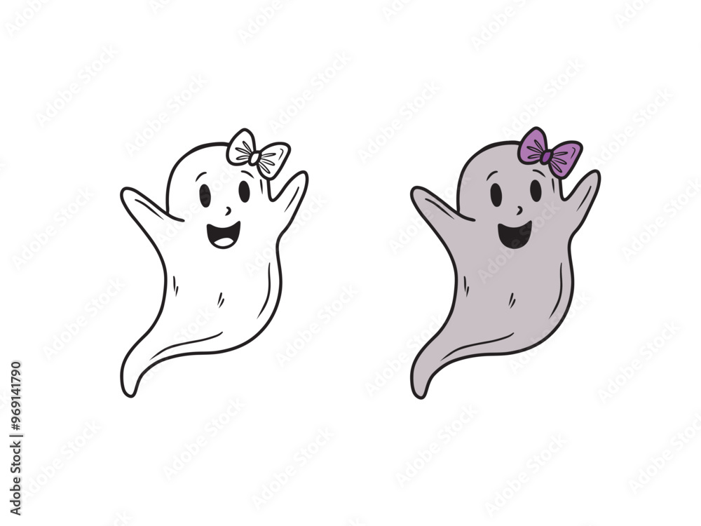 Cute nice female smiling grey ghost spook with pink bow on head on white. Hand drawn vector sketch illustration in doodle engraved vintage line art style. Happy Halloween symbol, coloring book. Cute nice female smiling grey ghost spook with pink bow on head on white. Hand drawn vector sketch illustration in doodle engraved vintage line art style. Happy Halloween symbol, coloring book.