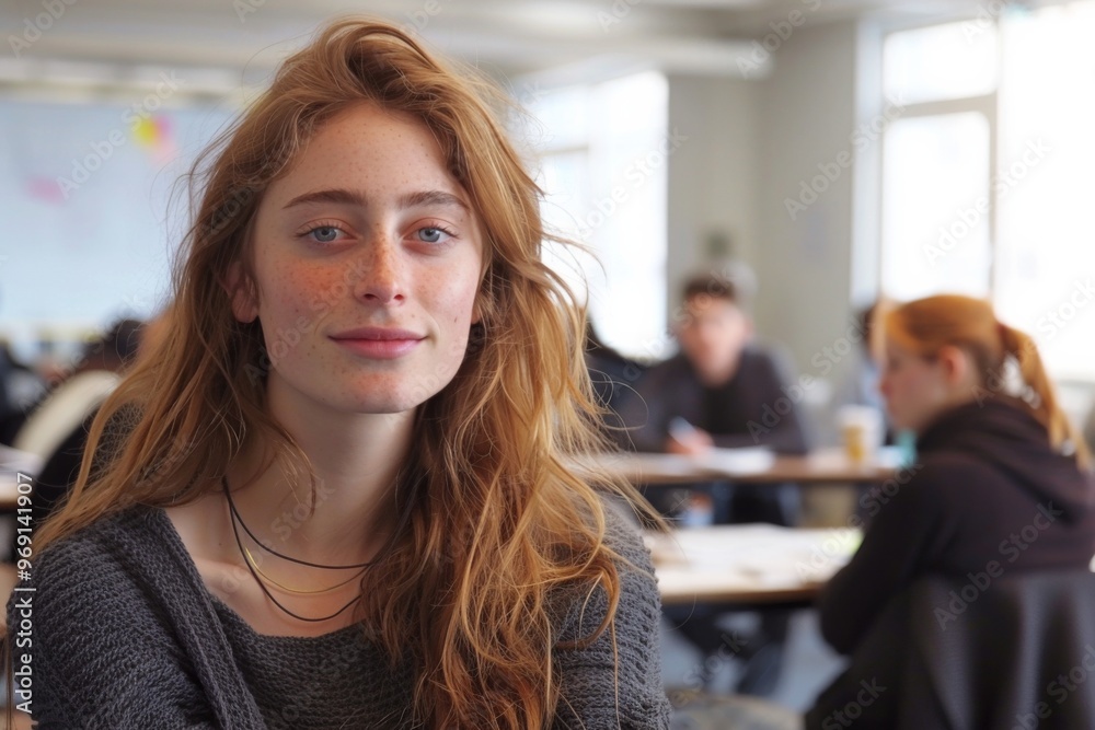 Confident Young Woman with Freckles in a Casual Office Setting Confident Young Woman with Freckles in a Casual Office Setting