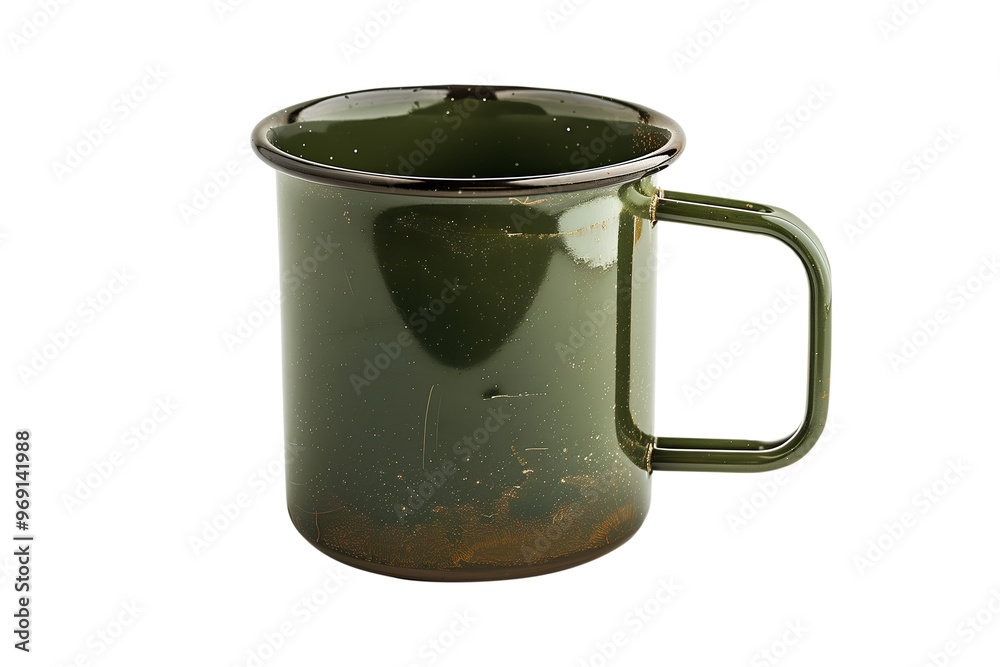 A green cup with a handle sits on a white background
