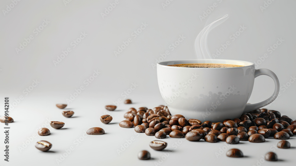 Coffee cup with steam rising, with coffee beans artfully arranged decoration, set against a white background. Morning espresso or Americano coffee for breakfast in a beautiful brown cup. Coffee cup with steam rising, with coffee beans artfully arranged decoration, set against a white background. Morning espresso or Americano coffee for breakfast in a beautiful brown cup.