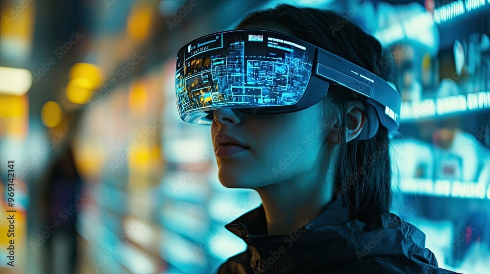A futuristic image of a person using augmented reality glasses to browse and try on virtual products before making an online purchase.