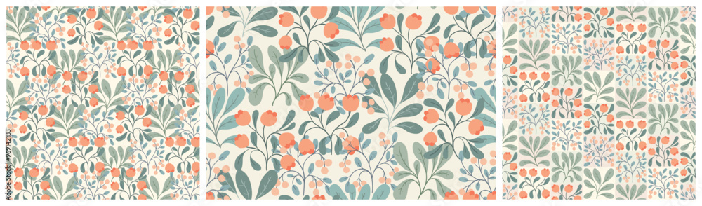 Seamless floral pattern, delicate decorative style print, abstract flower ornament in folk motif. Romantic botanical design: small wild flowers, leaves, berries in pastel colors. Vector illustration. Seamless floral pattern, delicate decorative style print, abstract flower ornament in folk motif. Romantic botanical design: small wild flowers, leaves, berries in pastel colors. Vector illustration.