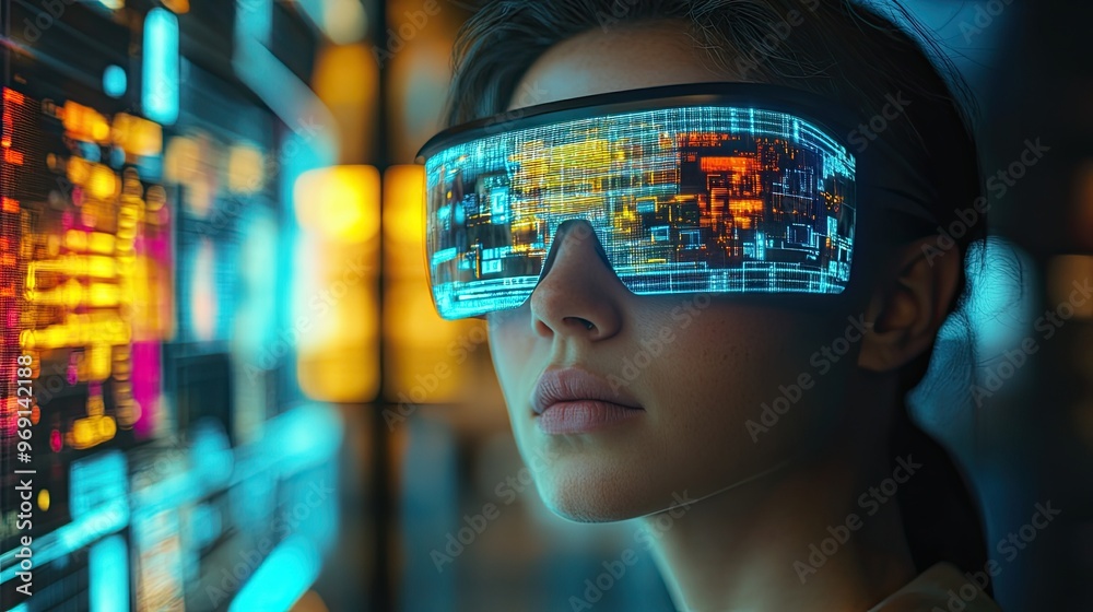 A futuristic image of a person using augmented reality glasses to browse and try on virtual products before making an online purchase.