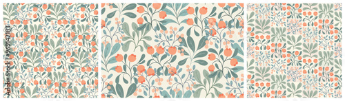 Seamless floral pattern, delicate decorative style print, abstract flower ornament in folk motif. Romantic botanical design: small wild flowers, leaves, berries in pastel colors. Vector illustration.