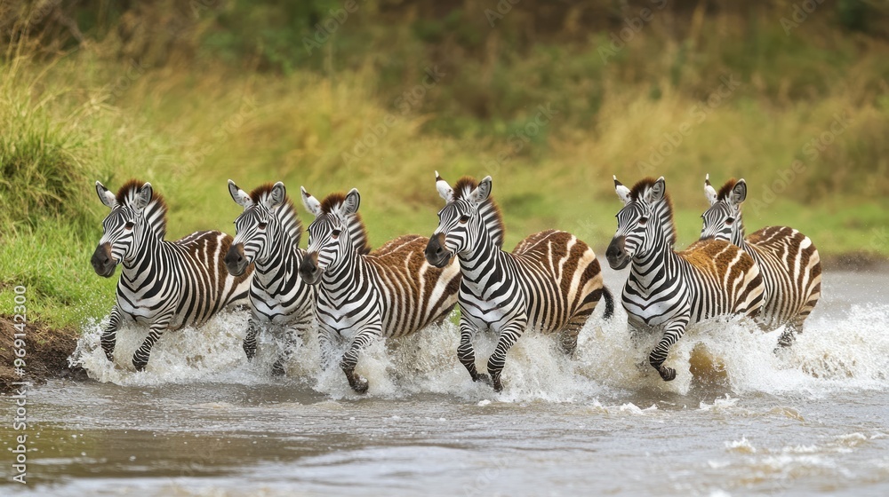 Naklejka premium A group of zebras running through water, creating splashes in a natural setting.