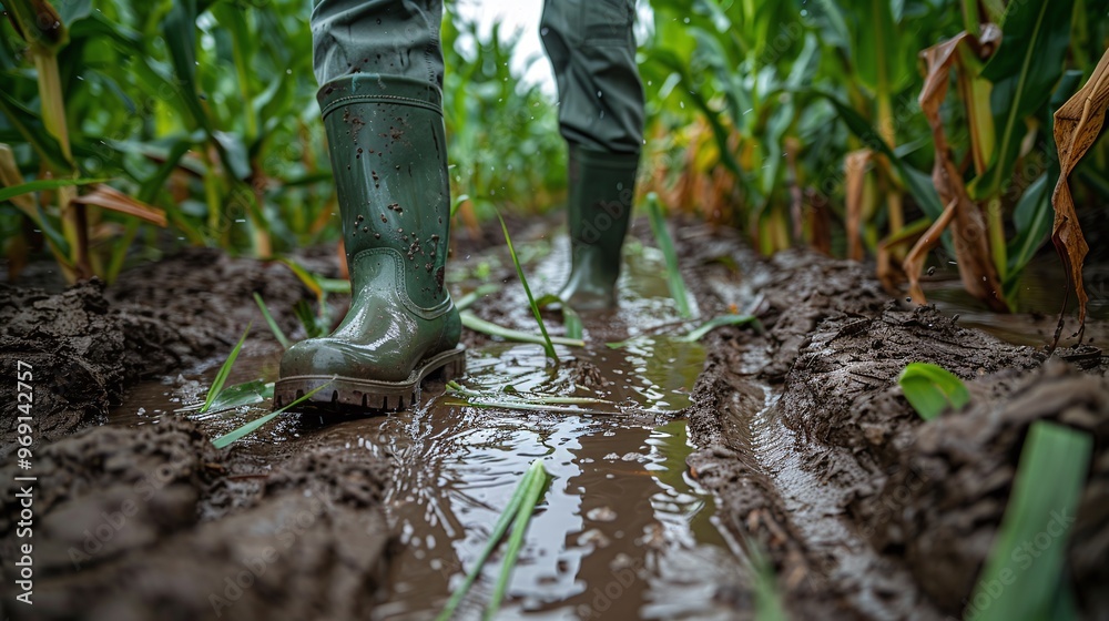 farmer navigating through a flooded corn field in muddy conditions capturing the impact of water damage on countryside crops and the challenges of rural agriculture farmer navigating through a flooded corn field in muddy conditions capturing the impact of water damage on countryside crops and the challenges of rural agriculture