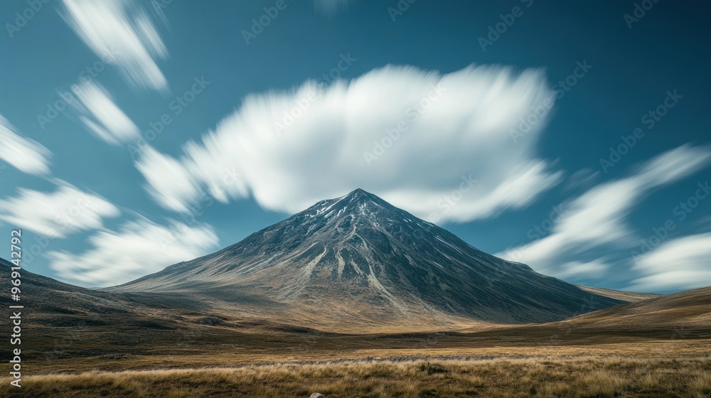 A majestic mountain under a clear sky with dynamic clouds, showcasing natural beauty. A majestic mountain under a clear sky with dynamic clouds, showcasing natural beauty.