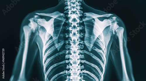 A close-up of an X-ray image showing the human skeleton, with detailed views of the spine, ribs, and pelvis, emphasizing the clarity of the bones.