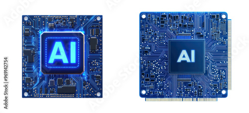 Set of  Top view of blue CPU microchips with AI at the center, advanced tech innovation, isolated on transparent background 