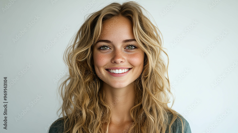 Naklejka premium A woman with blonde hair and a smile on her face against a light coloured wall.