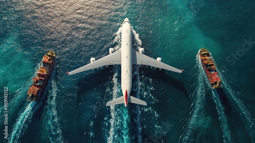 Cargo ships and airplanes traversing the oceans and skies, symbolizing the movement of goods and services in the global economy.