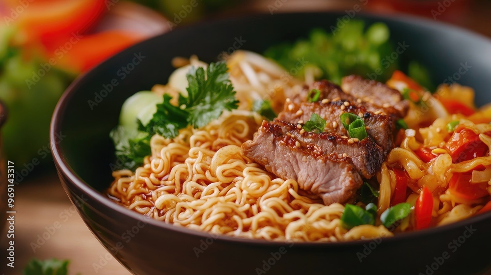 A close-up of instant noodles being served in a bowl with a side of fresh vegetables, meat, and a savory sauce, highlighting a comforting meal.