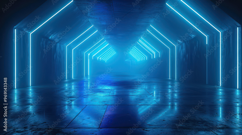 Dark abstract with blue neon lines and spotlights, wet asphalt, reflections of rays in the floor. Abstract dark futuristic background, smoke, smog. Empty dark scene, neon light, spotlights Dark abstract with blue neon lines and spotlights, wet asphalt, reflections of rays in the floor. Abstract dark futuristic background, smoke, smog. Empty dark scene, neon light, spotlights