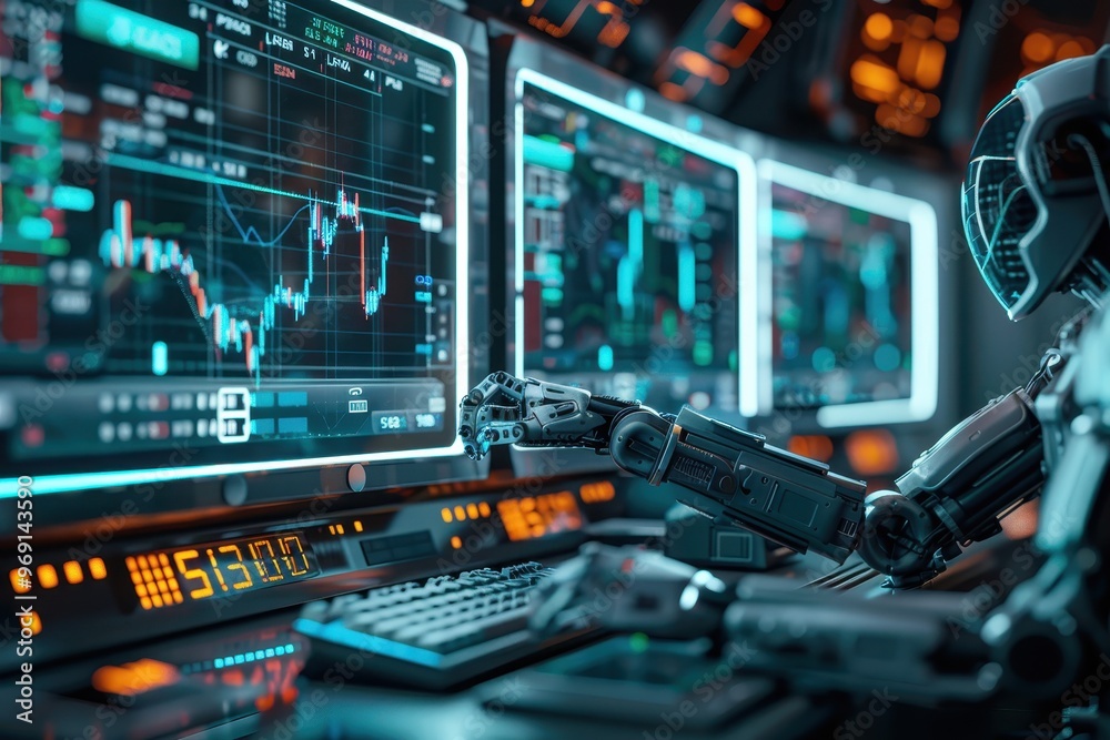 A robot is sitting in front of a computer monitor with a keyboard and a mouse A robot is sitting in front of a computer monitor with a keyboard and a mouse