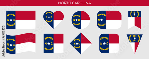 North Carolina state flag set. American state flag of different shapes. Vector illustration isolated on white background
