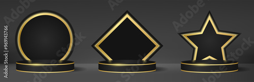 Luxury pedestal podium collection for product presentation with backdrop gold lines and golden edging trim on grey background