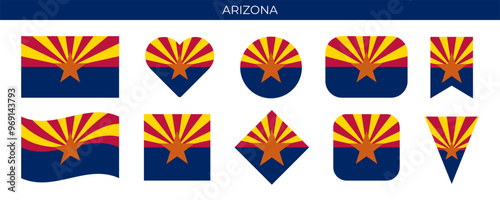 Arizona state flag set. American state flag of different shapes. Vector illustration isolated on white background