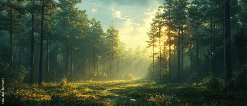 Sunbeams Illuminating a Misty Forest Path Sunbeams Illuminating a Misty Forest Path