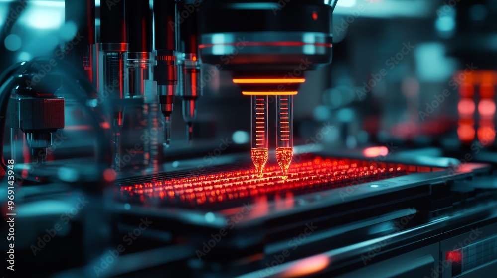 Futuristic Medical Lab Using AI for Genome Editing: Scientists using AI-driven equipment to perform precise genome editing. Futuristic Medical Lab Using AI for Genome Editing: Scientists using AI-driven equipment to perform precise genome editing.
