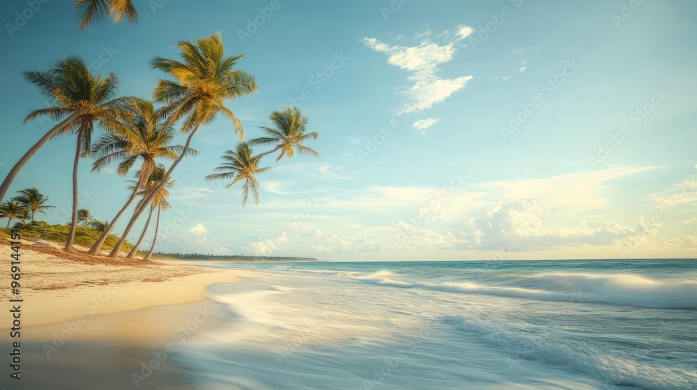 Fototapeta premium Serene beach scene with palm trees and gentle waves under a clear sky.