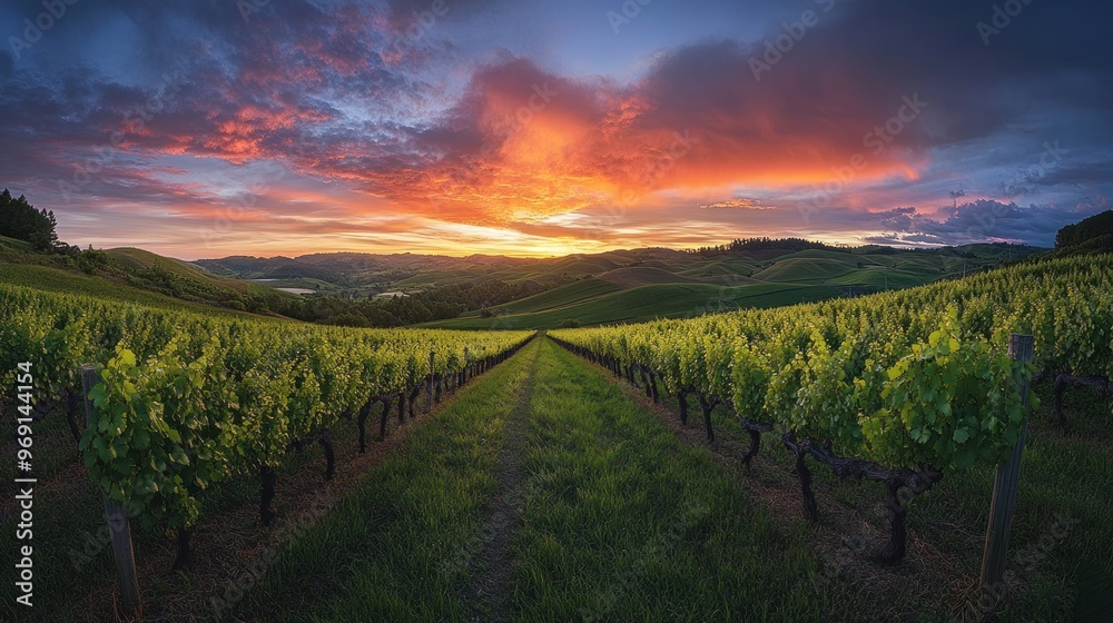 Fototapeta premium A picturesque vineyard at sunset, showcasing rows of grapevines under a colorful sky.
