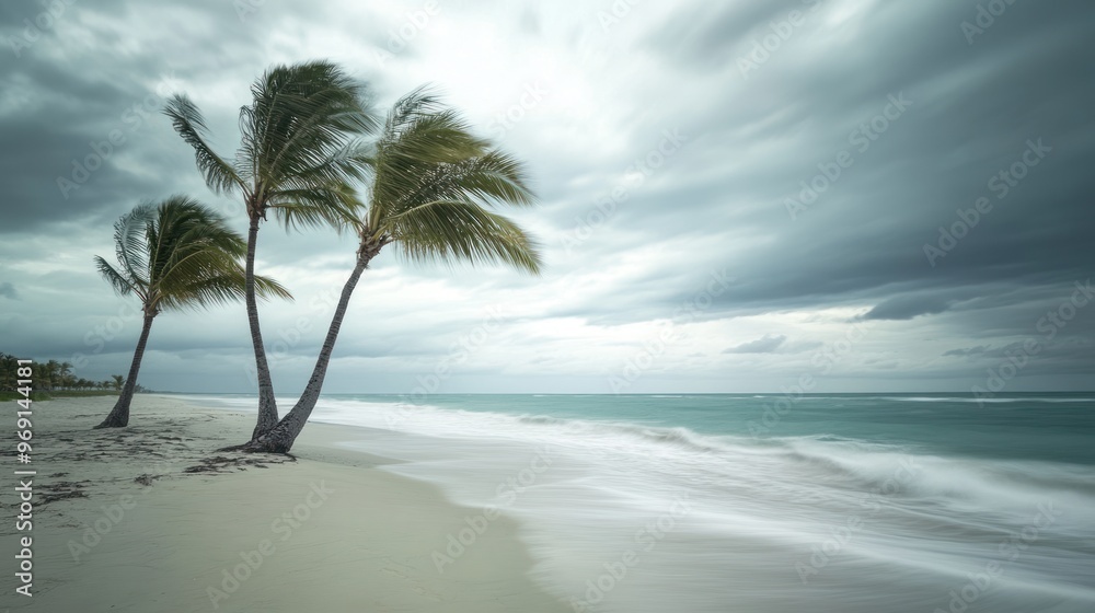 Fototapeta premium A serene beach scene with swaying palm trees under a cloudy sky.