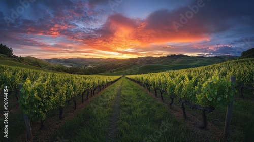 A picturesque vineyard at sunset, showcasing rows of grapevines under a colorful sky.