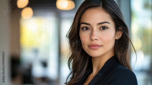 Wallpaper Mural A close-up portrait of a businesswoman in professional attire, looking directly at the camera with a poised and assertive expression in a bright office setting. Torontodigital.ca