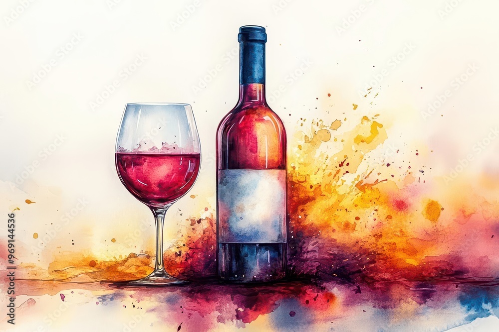 Fototapeta premium abstract watercolor illustration of red wine bottle and glass in motion vibrant rainbow colors swirling and blending in fluid dynamic composition