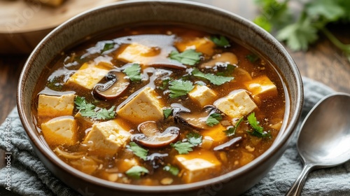 A close-up view of a bowl of savory hot and sour soup with mushrooms, tofu, and egg ribbons, served with a garnish of fresh herbs and a spoon.