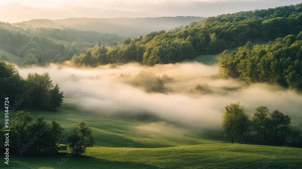 A serene landscape with rolling hills, mist, and lush greenery at dawn. A serene landscape with rolling hills, mist, and lush greenery at dawn.