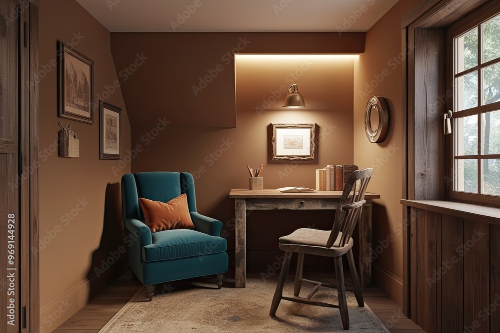 Fototapeta premium 3D Visualization of Cozy Study Nook Featuring Rustic Desk and Comfortable Armchair in Warm Ambient Lighting