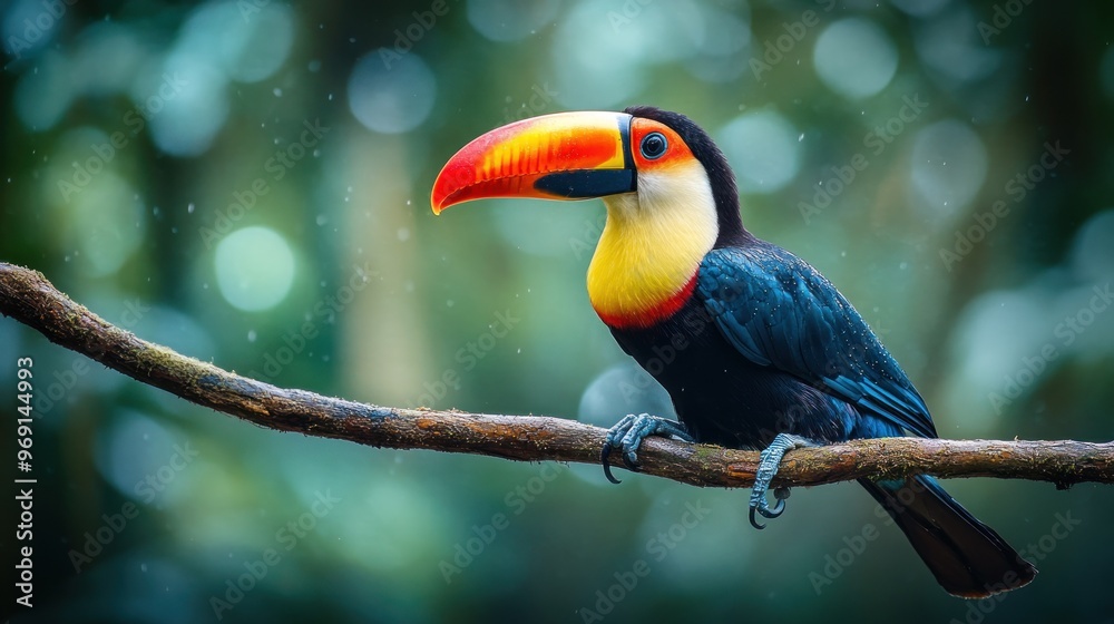 Fototapeta premium A vibrant toucan perched on a branch in a lush, tropical environment.