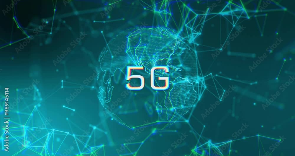 Animation of network of connections and globe with 5g text on black background Animation of network of connections and globe with 5g text on black background