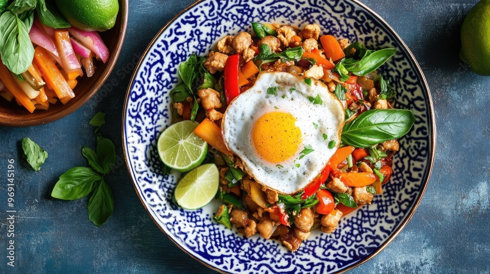 A colorful top-down shot of Thai basil stir-fry with a runny fried egg, served on a traditional plate with a side of pickled vegetables and lime wedges A colorful top-down shot of Thai basil stir-fry with a runny fried egg, served on a traditional plate with a side of pickled vegetables and lime wedges