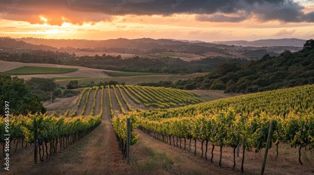 Fototapeta premium Scenic vineyard landscape at sunset with rows of grapevines and rolling hills.