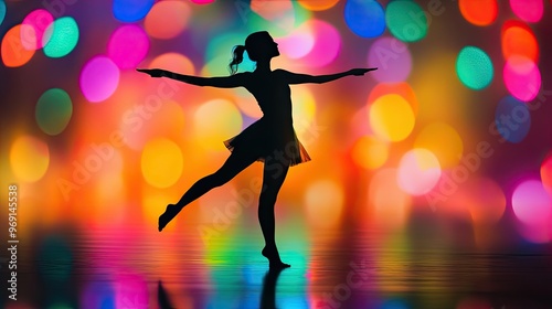 Silhouette of a person in a dance pose with colorful lights creating an energetic and vibrant background