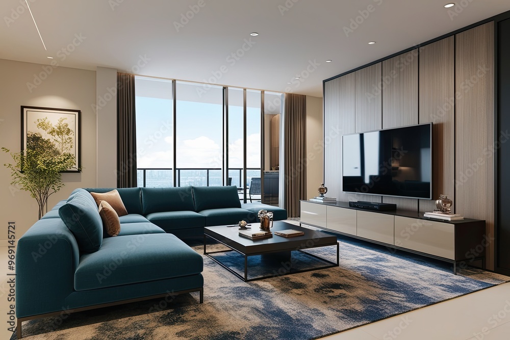 3D Rendering of Contemporary Condo Lounge Featuring Sectional Sofa Coffee Table and Media Unit in Expansive Living Space 3D Rendering of Contemporary Condo Lounge Featuring Sectional Sofa Coffee Table and Media Unit in Expansive Living Space