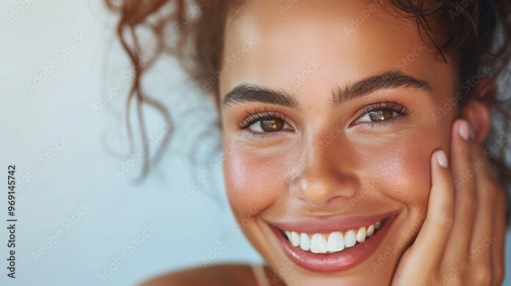 A close - up photograph of a woman with her hand resting on her cheek, showing a bright, white smile. She is smiling and looking toward the camera, copy space A close - up photograph of a woman with her hand resting on her cheek, showing a bright, white smile. She is smiling and looking toward the camera, copy space