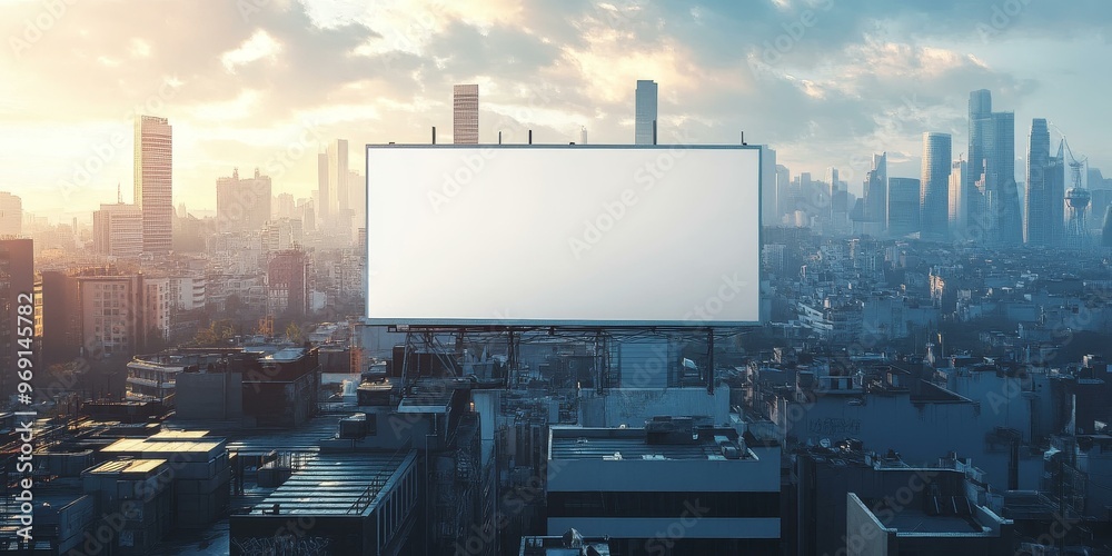 Obraz premium Blank billboard above city skyline with buildings.