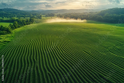 aerial view of tractor spraying pesticides on vast soybean field precise rows creating mesmerizing patterns misty spray catching morning sunlight emphasizing scale of modern agriculture